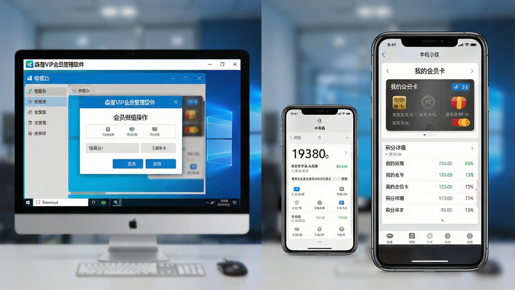 一张分屏操作对比示意图,左侧是Windows电脑端正在使用“森普VIP会员管理软件”进行会员储值操作,界面显示收银台弹窗;右侧是手机微信小程序端显示“我的会员卡”与积分明细,布局采用左右对称式排版,风格清晰写实,电脑屏幕与手机屏幕内容放大展示,背景虚化处理,画质干净,无多余元素