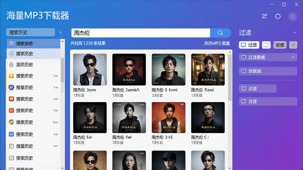 “海量MP3下载器”功能展示界面截图,主体为软件搜索页面,搜索框内输入“周杰伦”,下方以瀑布流形式展示多张专辑封面缩略图。布局规整,左侧为搜索历史,右侧为过滤选项。设计风格为现代UI界面,采用高清2D渲染,突出蓝紫色渐变主色调。细节展示搜索结果数量“共找到 1258 条结果”,画质干净无多余元素。