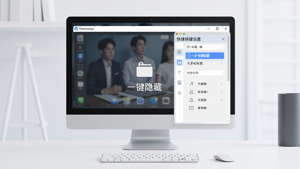 天使老板键软件主界面预览图,主体为简洁的电脑桌面与快捷键设置面板,布局居中,整体风格清爽现代,突出“一键隐藏”核心功能,画面干净无多余元素