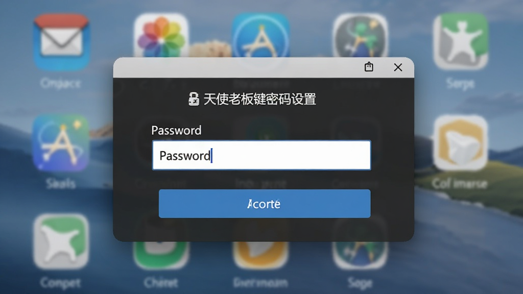 天使老板键密码设置界面截图,展示密码输入框与确认按钮,背景为模糊的桌面应用图标,界面简洁明了,突出安全保护特性,画质干净