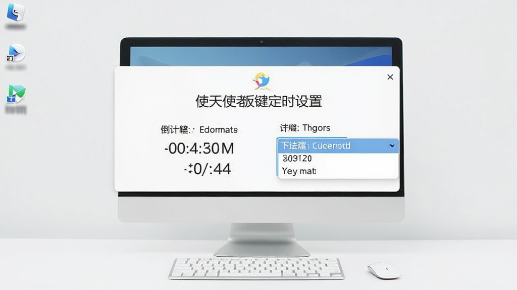 天使老板键定时设置界面,展示倒计时选项与触发条件下拉菜单,背景为简洁的电脑桌面,整体风格清爽干净,无多余元素