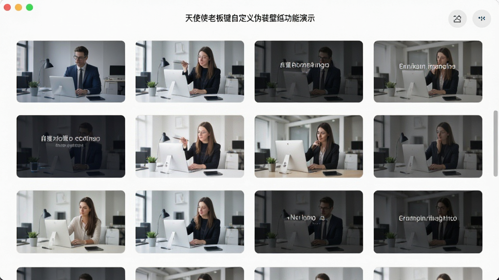 天使老板键自定义伪装壁纸功能演示,展示设置界面中多张职场风格壁纸缩略图,用户可自由选择,布局美观,画面干净无多余元素