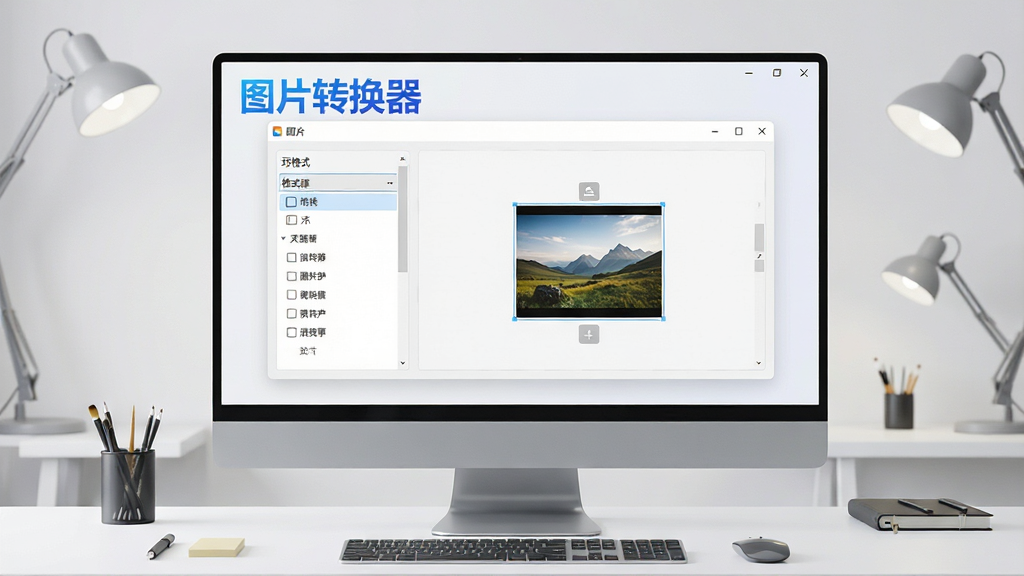 高清显示器的现代电脑桌面,屏幕中央显示图片转换器软件主界面,软件名称“图片转换器”以蓝色渐变字体置于界面左上角,主界面为简洁的浅色卡片式布局,左侧为格式选择列表,右侧为图片拖拽区域,背景为干净的浅灰色工作室环境,画面清晰明亮,细节丰富,4K画质,无多余元素
