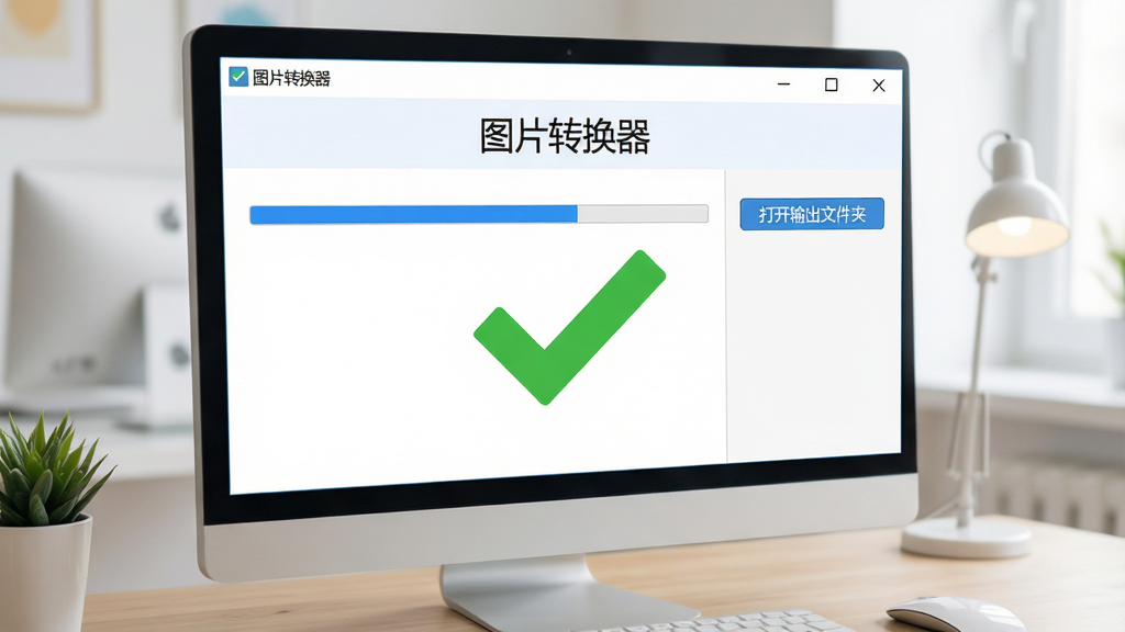 电脑桌面上运行着图片转换器软件,界面显示一个进度条接近完成,右侧有“打开输出文件夹”按钮,画面中还有一张成功的绿色对勾图标,软件名称“图片转换器”在界面顶部,整体风格干净明亮,细节清晰,画质高清,无多余元素