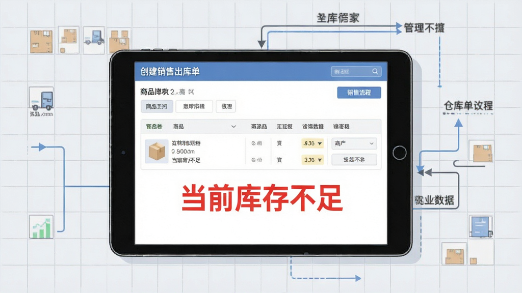 绘制一张象过河仓库管理软件创业版销售开单流程的示意图,画面主体为一台平板电脑,屏幕上展示着创建销售出库单的界面,商品行下方有醒目的红色字体标注‘当前库存不足’。布局采用平板设备正面展示,背景配以柔和的浅灰色网格。风格为简洁的线面结合插画风,细节表现数据联动的箭头指示线。画质干净,无多余元素。