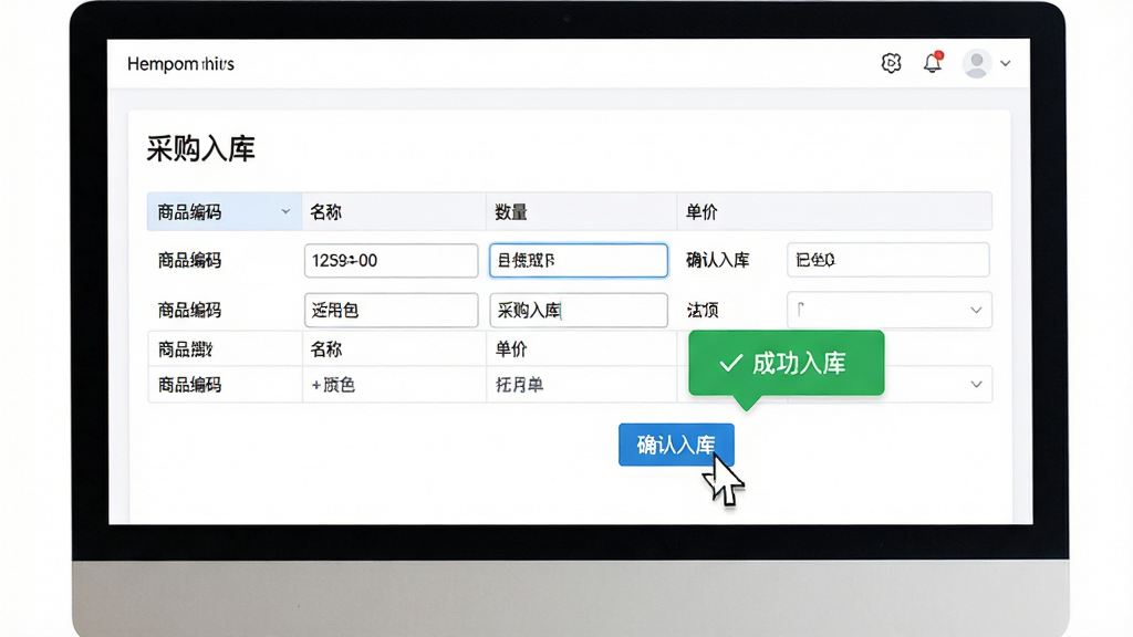 创作一幅象过河仓库管理软件创业版入库操作界面的特写图,画面主体是一个干净明亮的电脑屏幕,屏幕上显示着‘采购入库’表单,表格中包含商品编码、名称、数量、单价等字段,鼠标指针正指向‘确认入库’按钮。布局以屏幕截图为中心,四周留白,风格为高清UI界面展示图,细节上强调输入框内的示例数据和绿色成功提示气泡。画质极致清晰,干净,无多余元素。
