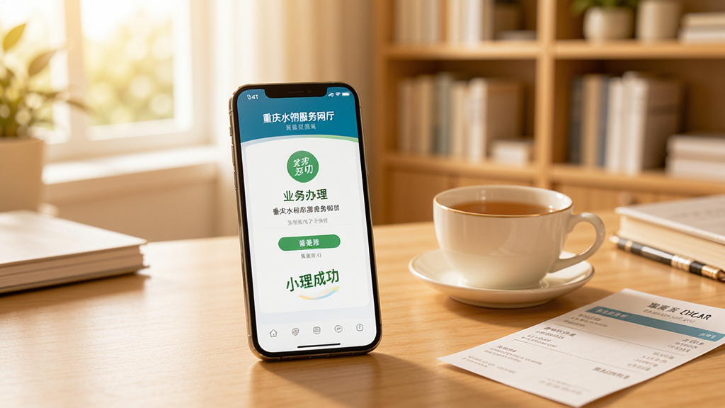 展示用户使用重庆水务服务网厅处理业务的场景,主体为一部手机放在桌面上,屏幕显示业务办理成功界面,旁边有一杯茶和一张账单,背景为明亮的书房环境,整体色调温暖,突出便捷、舒适的服务体验,画质干净,无多余元素。