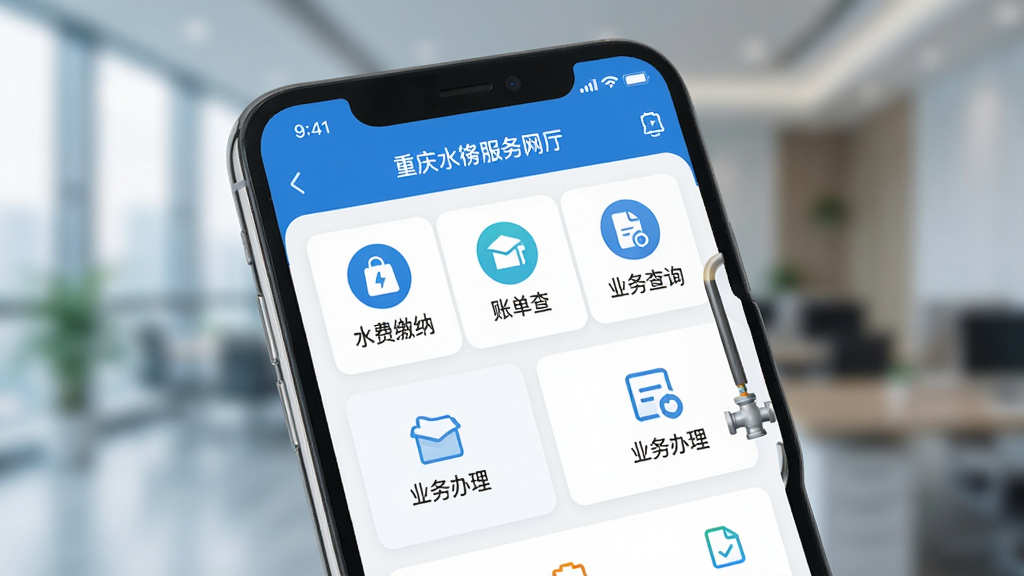 图片展示重庆水务服务网厅在手机上的主界面,主体为智能手机屏幕特写,屏幕内清晰显示app的首页功能模块,包括水费缴纳、账单查询、业务办理等图标,布局整齐,色彩以蓝色和白色为主,界面风格简洁清新,背景虚化处理,营造出专业、可信赖的科技服务氛围,画质高清,干净无多余元素。