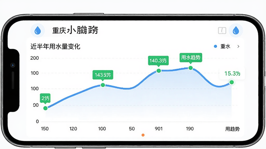 展示重庆水务服务网厅的用水分析图表,主体为手机横屏展示折线统计图,显示近半年用水量变化,图表配色清晰,有蓝色数据线和绿色标注点,背景为白色卡片,辅以水滴图标和“用水趋势”字样,风格简约现代,突出数据可视化效果,画质干净,无多余元素。