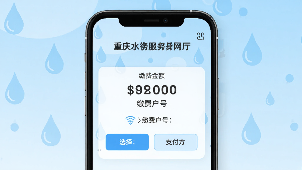 展示重庆水务服务网厅水费缴纳页面,主体为手机界面截图风格图片,页面中央显示缴费金额、缴费户号、支付方式选择按钮,背景为淡蓝色渐变,辅以水滴图案装饰,整体风格扁平化,简洁直观,强调移动支付的便捷性,画质清晰,无多余元素。