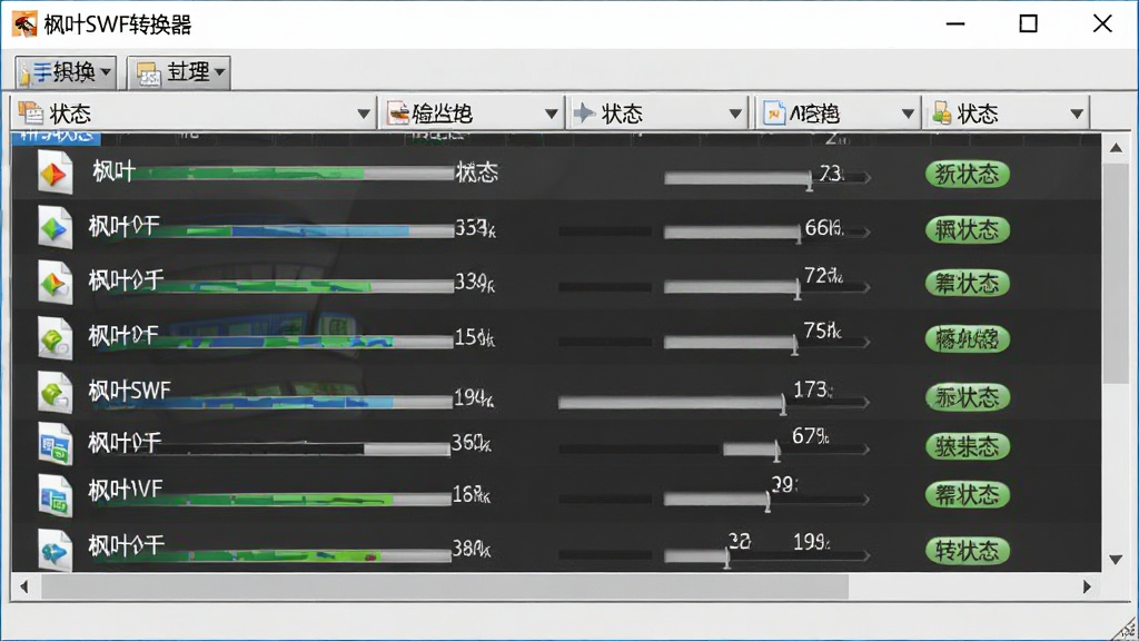 枫叶SWF转换器批量转换功能示意图,主体为软件操作界面,显示多个文件列表同时转换中,布局为列表视图,排版整齐,风格写实,细节展示进度条和状态标签,画质清晰,干净无多余元素,软件名称“枫叶SWF转换器”显示在界面标题栏
