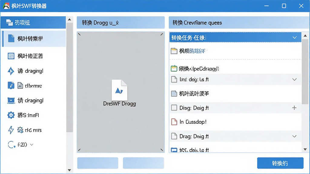 枫叶SWF转换器主界面预览图,主体为软件窗口,左侧功能列表,右侧转换任务队列,界面采用蓝白配色,布局清晰,排版整齐,风格简洁现代,细节显示文件拖拽区域和转换按钮,画质清晰干净,无多余元素