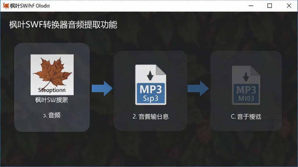 枫叶SWF转换器音频提取功能展示图,主体为软件界面显示音频文件输出选项,布局为向导式步骤,排版简洁,风格清爽,细节突出MP3格式图标,画质干净,无多余元素