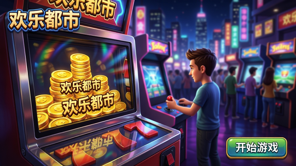主体:欢乐都市游戏主界面,繁华的都市夜景,霓虹闪烁的电玩城内部;布局:前景为大型推币机,屏幕上金币堆叠,中景是玩家角色操作摇杆,背景是模糊的都市霓虹灯与人群;排版:界面采用游戏UI风格,左上角显示“欢乐都市”LOGO,右下方有“开始游戏”按钮;风格:写实与卡通结合,色彩鲜艳,光影丰富;细节:金币上有“欢乐都市”字样,机器内部灯光动态反射,金属质感强烈;画质:8K分辨率,超清画质,游戏截图风格,干净,无多余元素
