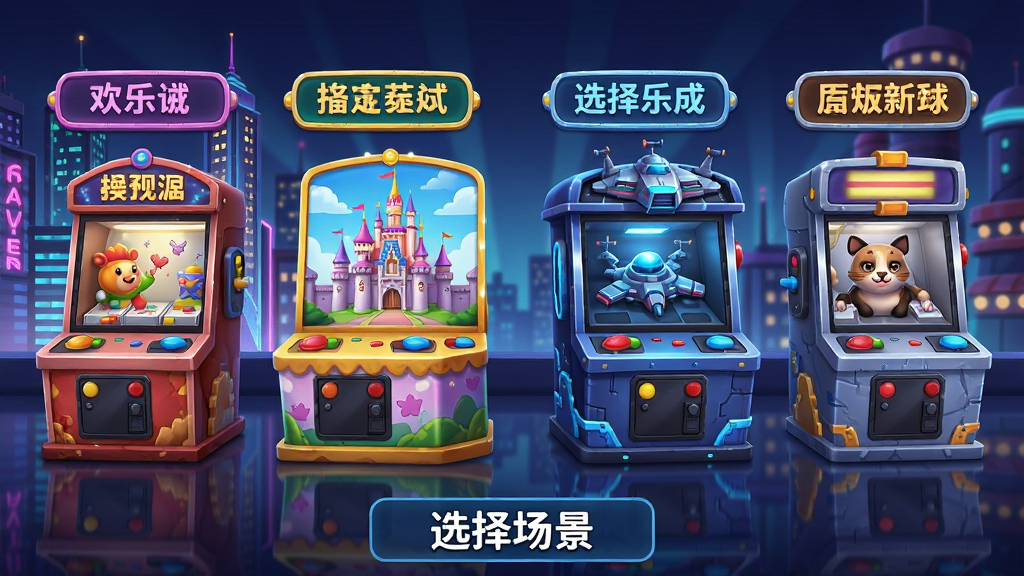 主体:欢乐都市不同主题的推币机并排陈列,有霓虹都市、童话城堡、科幻战舰等;布局:横向全景构图,多台机器一字排开,每台机器上方有主题名称标牌;排版:类似游戏选关界面,底部有“选择场景”提示;风格:卡通渲染,色彩明快,场景细节丰富;细节:每台机器上的装饰元素各异,灯光效果不同,地面有反射倒影;画质:高清游戏宣传图,干净,无多余元素