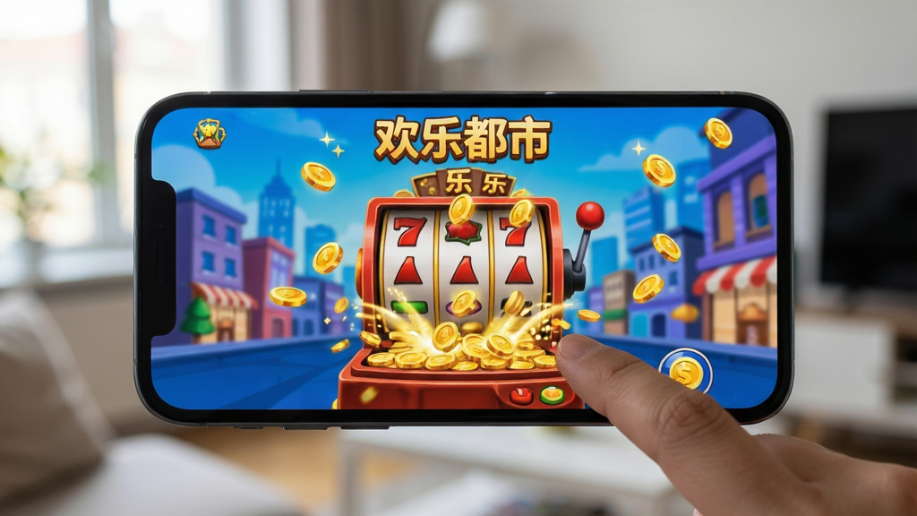 主体:玩家手机横屏操作欢乐都市游戏,屏幕显示推币机与金币掉落动画;布局:手机居中,画面中游戏界面清晰可见,背景为模糊的室内环境;排版:手机屏幕上有“欢乐都市”字样,金币特效闪耀;风格:实拍与游戏画面结合,光线自然;细节:手指点击屏幕,金币从机器中喷出;画质:高清摄影,干净,无多余元素