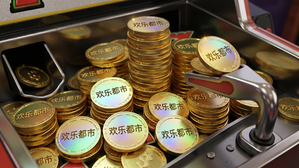 主体:欢乐都市推币机内部特写,金币堆积如山,推杆正在推动;布局:居中构图,金币占据画面主体,推杆在右侧,左侧有掉落通道;排版:画面干净,金币上清晰可见“欢乐都市”镭射字样;风格:超写实渲染,金属质感,光影通透;细节:金币边缘高光,堆叠层次分明,部分金币即将掉落,动态模糊效果;画质:4K超清,游戏实机截图风格,干净,无多余元素