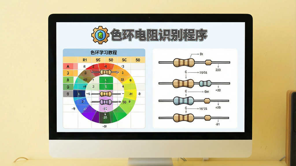 电脑屏幕展示色环电阻学习教程页面,左侧有颜色对照表,右侧为示例电阻图解,页面顶部有“色环电阻识别程序”Logo,背景为浅黄色桌面,风格教育友好,布局清晰,细节丰富,画质柔和,干净无多余元素