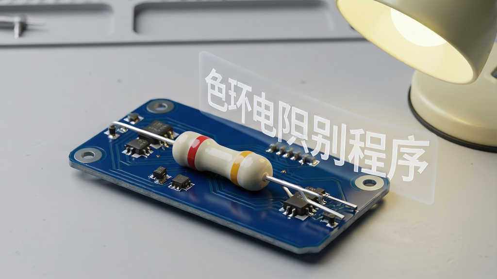 画面中央摆放一块深蓝色电路板,板上有一颗四色环电阻特写,电阻旁悬浮着半透明的“色环电阻识别程序”白色艺术字,背景是浅灰色工作台,右上角有淡黄色台灯光晕,整体风格为写实科技感,布局方正,细节清晰,画质高清,干净无多余元素