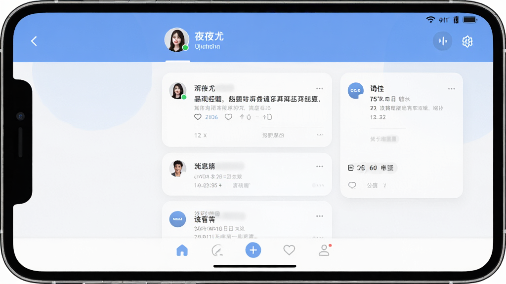 一张展示夜尤应用主界面的高清截图,界面布局清晰,包含底部导航栏,上方显示用户头像和昵称,中央为动态信息流卡片,整体风格现代简约,色彩柔和,以蓝色和白色为主色调,画质干净,无多余元素