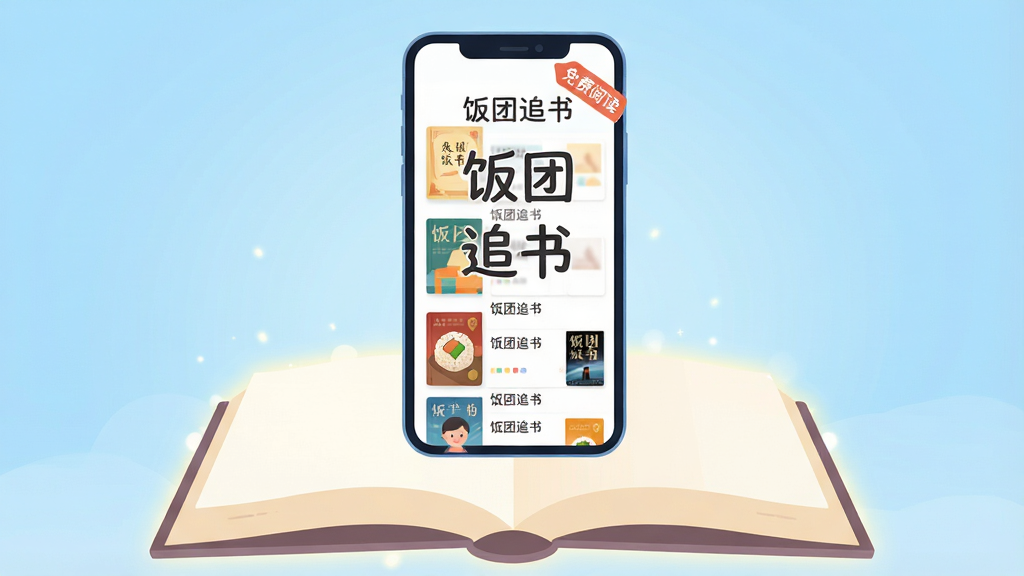 主体:一本书籍与手机屏幕的创意融合画面,书本微微打开,手机悬浮于书页上方,屏幕中显示“饭团追书”四个字。布局:居中构图,手机屏幕朝向读者,背景为浅蓝色渐变。排版:手机屏幕内有列表式书籍封面排列,清晰可见书名。风格:扁平化插画风格,色彩明快。细节:书本边缘有柔和光效,屏幕中显示“免费阅读”标签。画质:高清渲染,干净无多余元素,突出软件名称“饭团追书”。