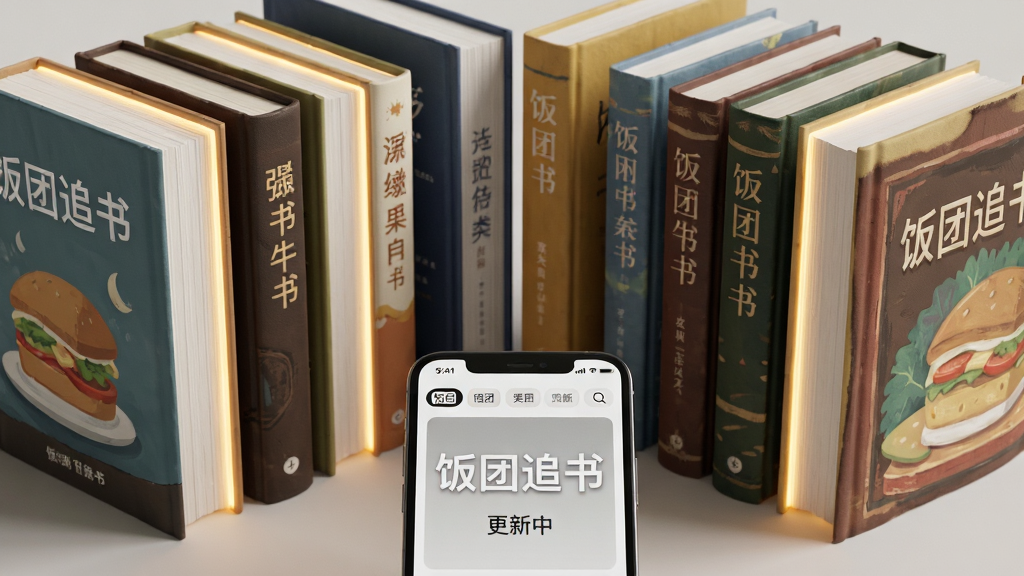 主体:多本立体书籍整齐排列,封面各具特色,前景放着一部显示“饭团追书”界面的手机。布局:书籍从两侧向中间汇聚,手机置于画面中央下方。排版:书籍封面错落有致,手机界面清晰显示分类标签。风格:写实与3D渲染结合,光影自然。细节:书籍侧面有微光,手机屏幕显示“更新中”字样。画质:超清画质,细节丰富,无多余元素。