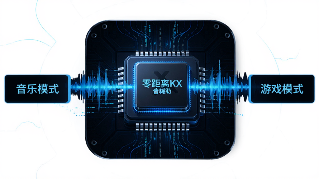 展示“零距离KX音效辅助”智能引擎工作示意图,主体为CPU芯片造型结合音频波形扩散,左右两侧分别标注“音乐模式”“游戏模式”文字,布局均衡,采用蓝黑配色,科技感UI风格,细节有发光线条数据流动,画质高清干净