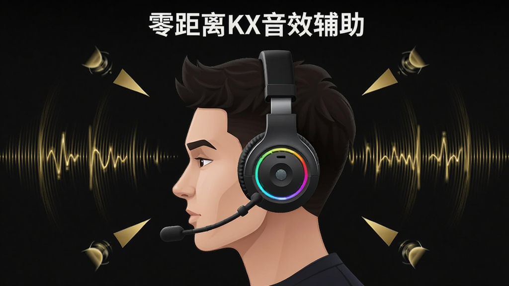展示“零距离KX音效辅助”环绕声效果场景,主体为佩戴耳机的玩家头部侧影,周围有箭头指示声源方位,布局左右对称,采用暗色背景配金色声波线条,风格科技插画,细节有耳机RGB光效,画质通透干净