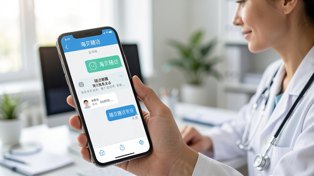 展示一名医生正在手机上使用海贝随访App回复患者消息的场景,主体为手机屏幕特写,显示聊天界面和随访提醒通知,背景为办公室环境虚化,画面明亮自然,带有“海贝随访”界面元素,画质清晰,无多余杂物。