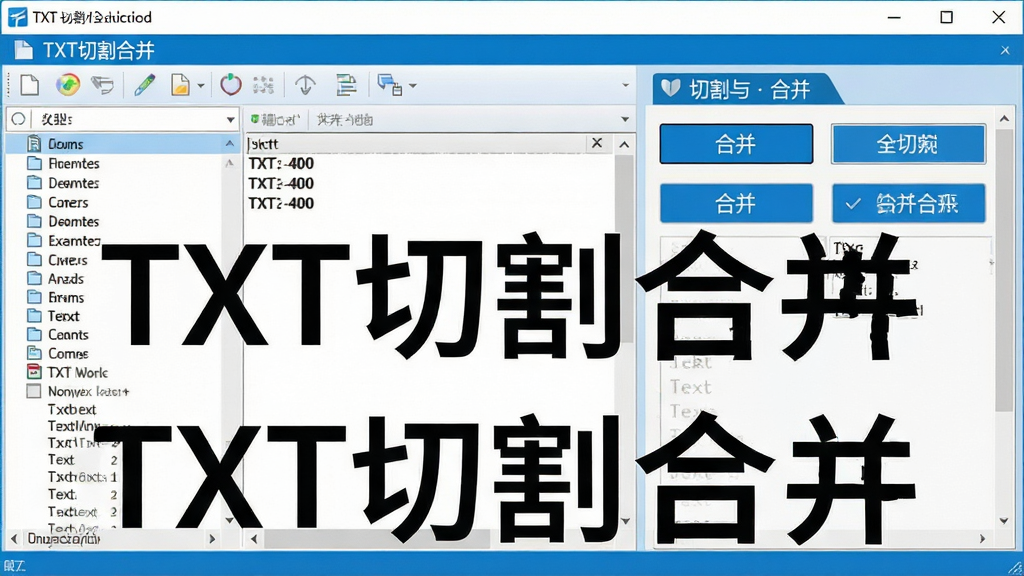 一张高清特写图片,主体为电脑屏幕上的TXT切割合并软件操作界面,界面布局整洁,左侧是文件列表,右侧为切割与合并的功能按钮区域。画面采用扁平化设计风格,以蓝色和白色为主色调,整体排版清晰,细节丰富,展示软件正在处理一个大型文本文件。画质干净明亮,无多余元素,图片上以中文显示软件名称“TXT切割合并”。
