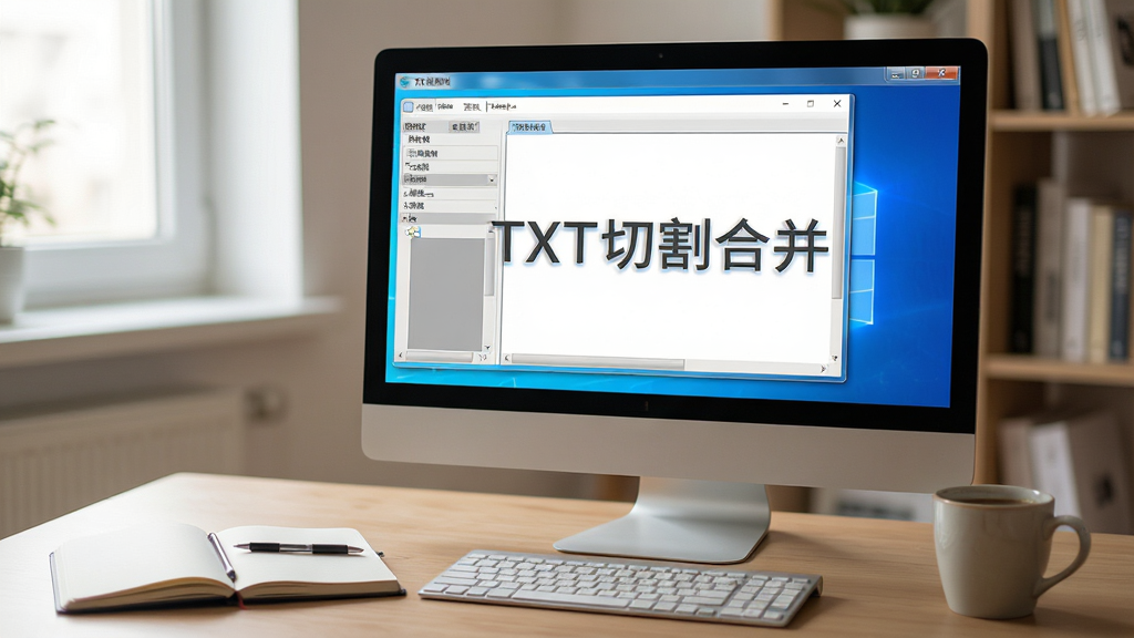 一张展示TXT切割合并软件在Windows电脑上运行的实拍图,主体为电脑屏幕显示软件主界面,旁边放着一本笔记本和一杯咖啡,营造出办公学习的氛围。布局自然,风格生活化,细节清晰,画质柔和,干净无多余元素,屏幕界面中显示有中文“TXT切割合并”字样。