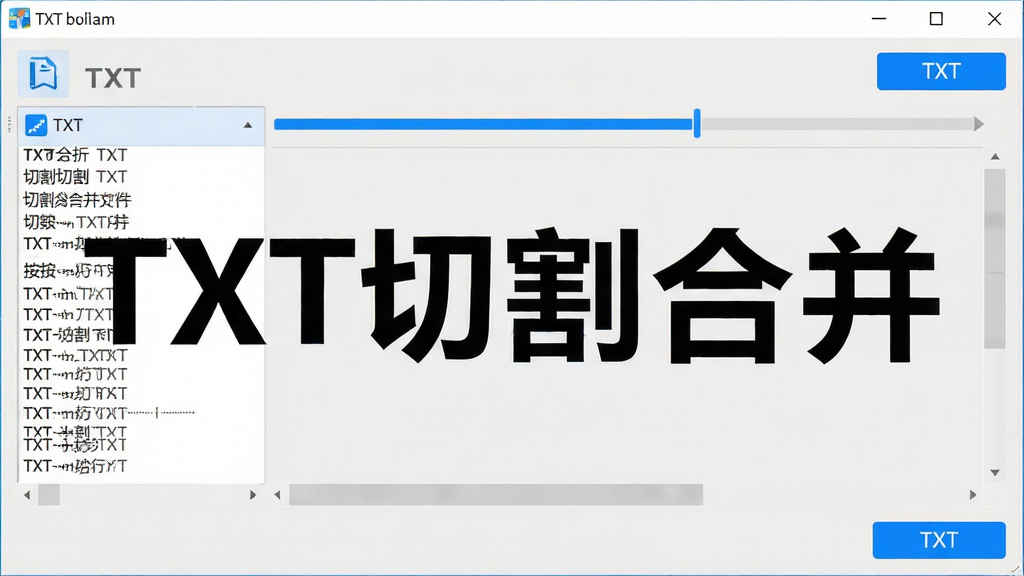一张展示TXT切割合并软件文件切割功能的界面截图,图片主体为软件操作窗口,窗口中显示一个大型TXT文件正在被按行数切割成多个小文件,进度条清晰可见。布局干净,风格简洁现代,以浅灰色为背景,强调功能按钮的蓝色高亮。画面细节丰富,画质清晰,无多余元素,图片上以中文显示“TXT切割合并”字样。