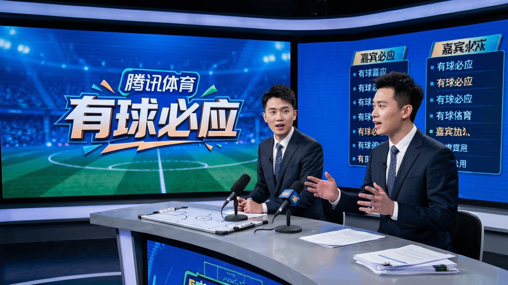 主体:腾讯体育演播室内,两位西装革履的解说员坐在主播台前,身后大屏幕显示着“有球必应”的节目标题。布局:场景纵深构图,前景是主播台和话筒,中景是主持人,背景是LED大屏。排版:屏幕上有节目logo和嘉宾名单。风格:电视演播厅的正式风格,灯光布置专业,画面有层次感。细节:桌面上有战术板和资料,主持人表情生动。画质:广播级画质,色彩还原准确,干净无杂物。