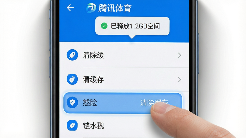 主体:一部智能手机屏幕显示腾讯体育的设置页面,高亮标出“清除缓存”选项。布局:手机居中,屏幕内容特写,周围有柔和的阴影。排版:设置列表清晰,有图标和文字。风格:简洁的UI设计,蓝白配色为主。细节:手指正点击“清除缓存”按钮,屏幕上方出现“已释放1.2GB空间”的提示气泡。画质:高清,干净,无多余元素。