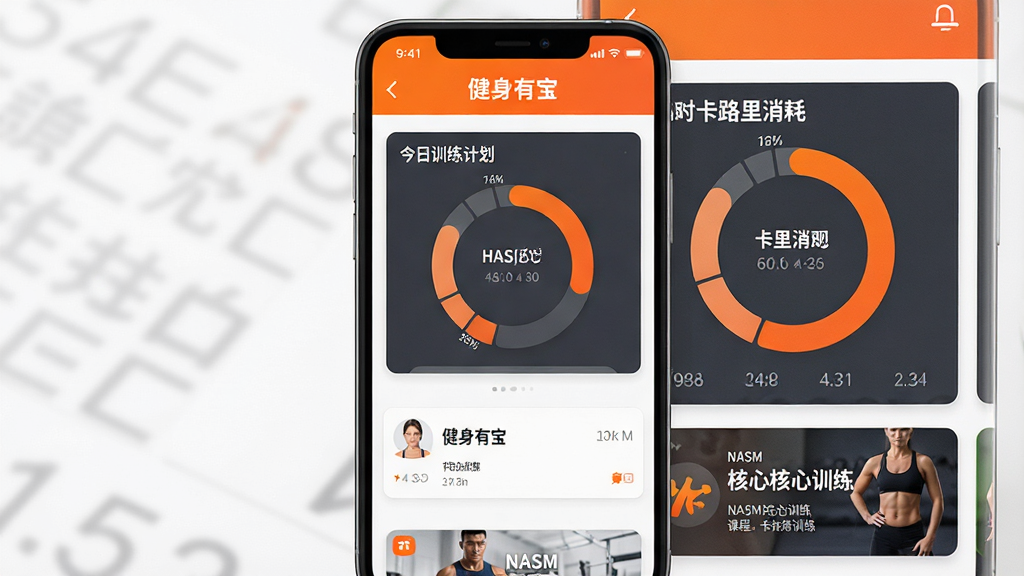 一张手机竖屏界面的高清预览图,界面显示“健身有宝”APP首页,布局清晰展示今日训练计划、卡路里消耗圆环图表以及NASM核心训练课程入口,排版简洁现代,以活力橙色和深灰色为主色调,UI设计精致,画质干净无多余元素。