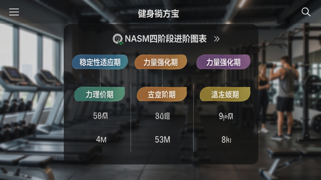健身有宝APP训练详情页截图,展示NASM四阶段进阶图表,包含“稳定性适应期”、“力量强化期”等彩色标签,背景为健身房场景虚化,图表数据清晰,排版专业,风格现代,画质高清。