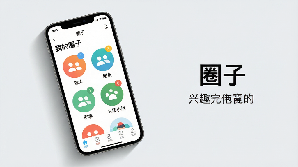 ���壺�����ֻ���Ļչʾ��Ȧ�ӡ�Ӧ�������棬��Ļ������ʾ���Բ�β�ɫ����ͼ�꣬�ֱ��ע�����ˡ��������ѡ�����ͬ�¡�������ȤС�顱�����֣��ֻ�λ�ڻ�������ƫ���Ҳ����ײ����С�Ȧ�ӡ����ּ����������Ű棺�����б�������ͼ���������룬����Ϊǳ��ɫ���ֻ�ͶӰ��Ȼ������ִ���ƽ����ƣ�ɫ�����죬����ɾ�������ϸ�ڣ�ÿ��Ȧ��ͼ������һ��С���ֽǱ꣬ģ��δ����Ϣ����Ļ������ʾ���ҵ�Ȧ�ӡ����⣬�ײ��е����������ʣ�4K���壬��Ⱦ��ϸ���ɾ����޶���Ԫ�ء�