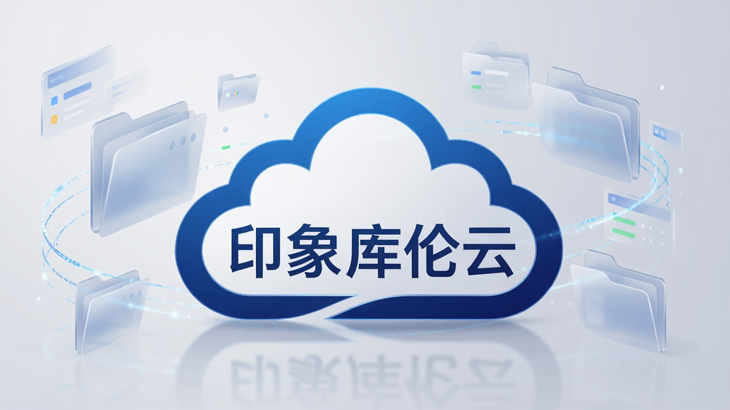 画面中央展示“印象库伦云”品牌Logo,采用流线型云朵轮廓搭配深邃蓝色渐变,背景为简洁的浅灰色渐变,辅以半透明文件夹与数据流线元素环绕,整体布局居中对称,排版干净大气,风格偏向现代科技感与极简主义,细节包含光影反射与细腻的磨砂质感,画质为8K超清,干净无多余元素