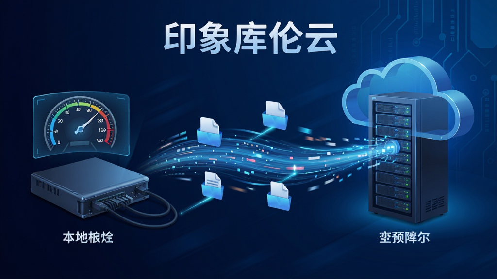 描绘“印象库伦云”高速传输场景,画面左侧为本地设备,右侧为云端服务器,中间以发光的数据流线连接,背景为深蓝色科技感渐变,构图强调速度与流畅,风格为数字艺术,细节包含速度仪表盘与文件图标,画质为高清锐利,干净无多余元素
