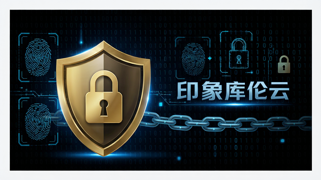展示“印象库伦云”安全防护概念图,前景为金色盾牌与锁形图标,背景由二进制代码与数字矩阵构成,采用深黑色与蓝色搭配,风格严肃而富有科技感,细节包含指纹识别与加密链,画质为高清细腻,干净无多余元素
