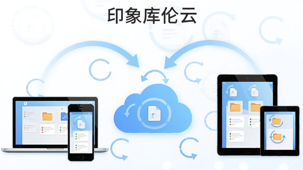 展示“印象库伦云”跨设备同步场景,画面中央为云朵图标,四周环绕智能手机、笔记本电脑、平板电脑等设备,并以弧形光线连接至云端,背景为明亮的浅白色渐变,风格为现代扁平插画,细节包含同步旋转箭头与设备屏幕中的文件图标,画质为高清明亮,干净无多余元素