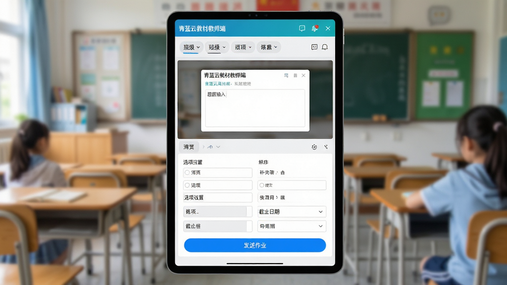主体:青蓝云教材的教师端布置作业界面,屏幕显示作业编辑窗口,包含题目输入区、选项设置、截止日期选择等。布局:平板竖屏,上方为预览区域,下方为编辑表单。排版:表单逻辑清晰,选项排列整齐,有“发送作业”的蓝色按钮。风格:模拟真实应用截图,风格干净,背景为教室模糊效果。细节:屏幕顶部显示“青蓝云教材教师端”,有班级列表和消息图标。画质:高清,细节丰富,无多余元素。