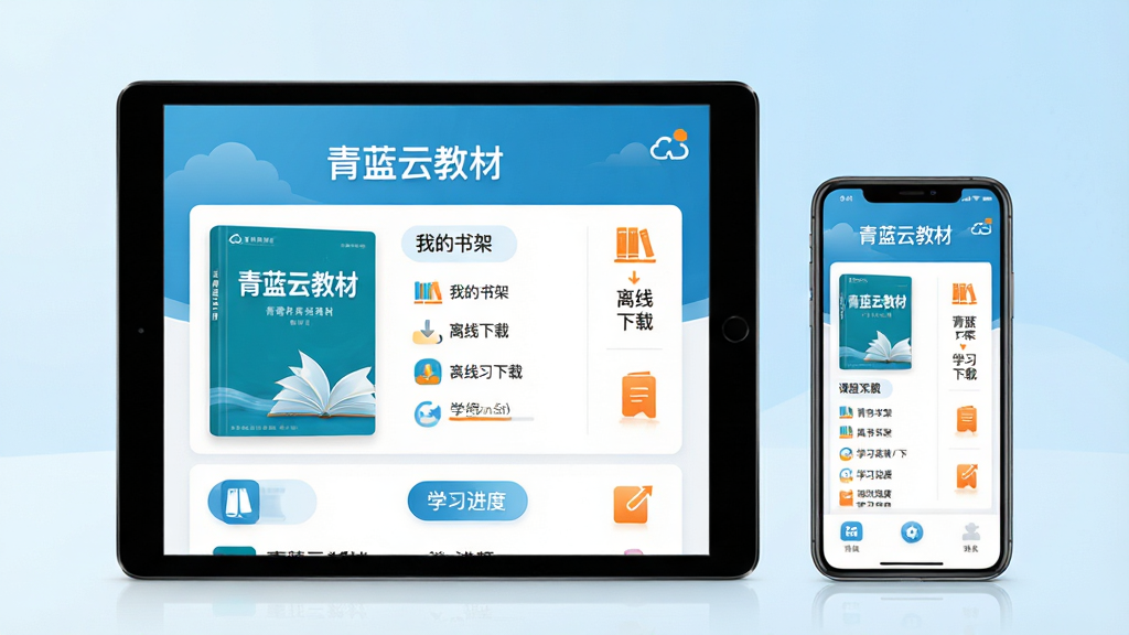 主体:青蓝云教材应用界面展示,一部平板电脑和一部手机并排摆放,屏幕显示青蓝云教材的首页,包含清晰的课本封面、课程列表和功能图标。布局:平板在左,手机在右,背景为柔和的浅蓝色渐变,营造清新学习氛围。排版:界面元素整齐排列,功能分区明确,突出“青蓝云教材”品牌字样。风格:现代扁平化设计,色彩以蓝色和白色为主,搭配少量橙色点缀,简洁专业。细节:屏幕中能看到“我的书架”、“离线下载”、“学习进度”等模块,文字清晰可读。画质:高清渲染,光影柔和,干净,无多余元素。
