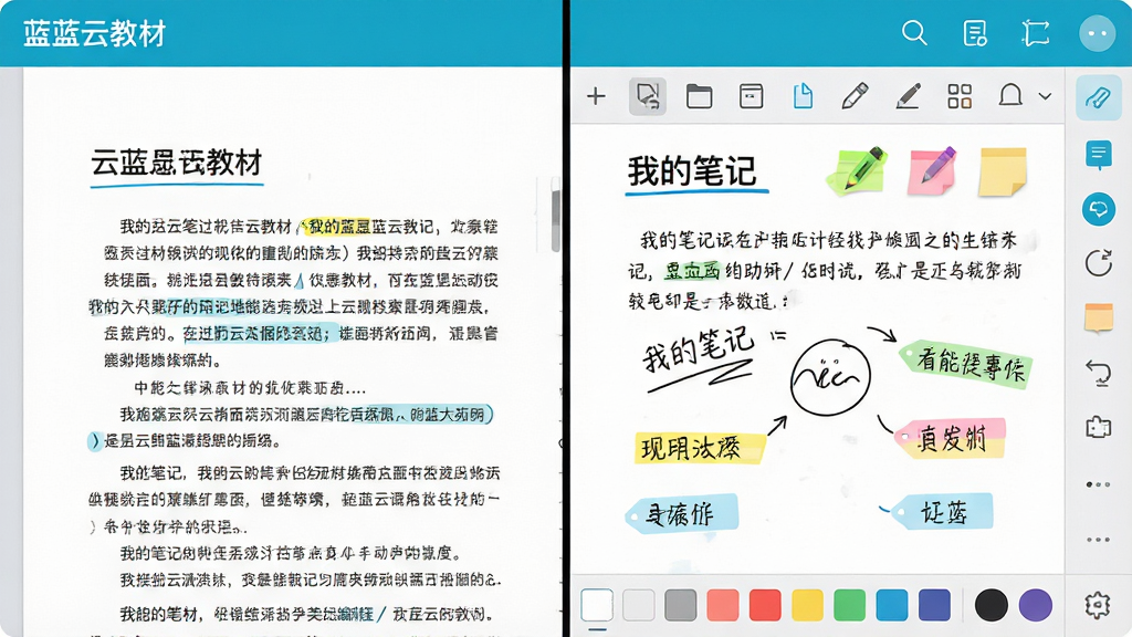 主体:青蓝云教材的笔记编辑界面,屏幕一半显示教材页面,一半显示笔记编辑区,笔记中包含文字、手写涂鸦和标签。布局:左右分屏设计,左侧教材内容,右侧笔记编辑工具条,底部有颜色选择器。排版:工具条图标清晰,注释文字工整,颜色标注醒目。风格:简洁明亮的UI风格,背景为淡灰色,突出蓝色主题色。细节:笔记区域显示“我的笔记”标题,有下划线、荧光笔、便签等工具图标。画质:高分辨率,界面干净,无多余元素。