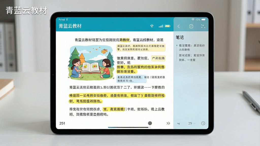 主体:青蓝云教材在平板电脑上的阅读界面特写,页面显示一段图文并茂的电子教材内容,包含彩色插图、文字段落和注释标记。布局:平板横屏居中,页面右侧显示一个半透明的笔记侧边栏,底部有页码和进度条。排版:界面干净,文字清晰,插图色彩丰富,重点内容用黄色高亮标注。风格:真实摄影风格,光线柔和,突出屏幕画质,背景为简约的书桌环境。细节:屏幕左上角有“青蓝云教材”的水印,右上角显示网络状态和电量图标。画质:超清细节,色彩准确,干净,无多余元素。