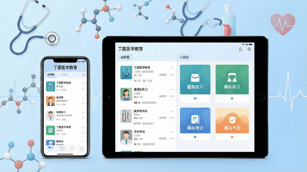 一张展示丁震医学教育APP核心学习场景的横版高清图片,主体为智能手机与平板电脑并排摆放,屏幕中清晰显示“丁震医学教育”主界面,包含课程列表、题库练习、模拟考试等模块缩略图。背景为浅蓝色渐变的医学元素点缀,如听诊器、分子结构、心电图线条,布局整洁、排版疏朗。整体风格现代简约、画质细腻干净,突出软件的专业性与便捷性。图片中文字仅保留“丁震医学教育”字样,其余为图标与界面框架。画质高清、无多余元素。