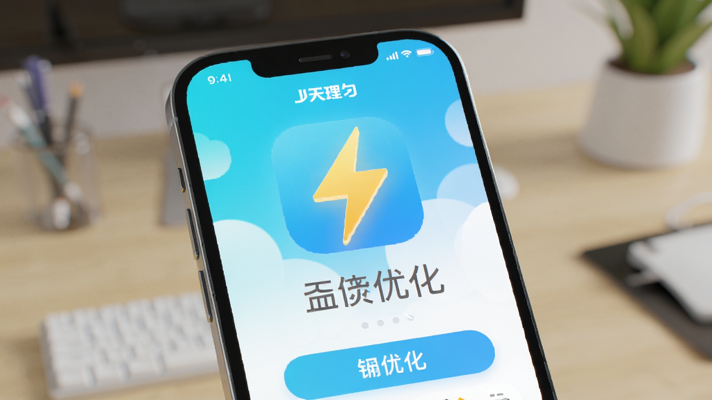 image of Jisheng Pro app one-click optimization feature, phone with lightning icon, simple and user-friendly interface, bright color scheme, realistic 3d render style, high quality, no extra text