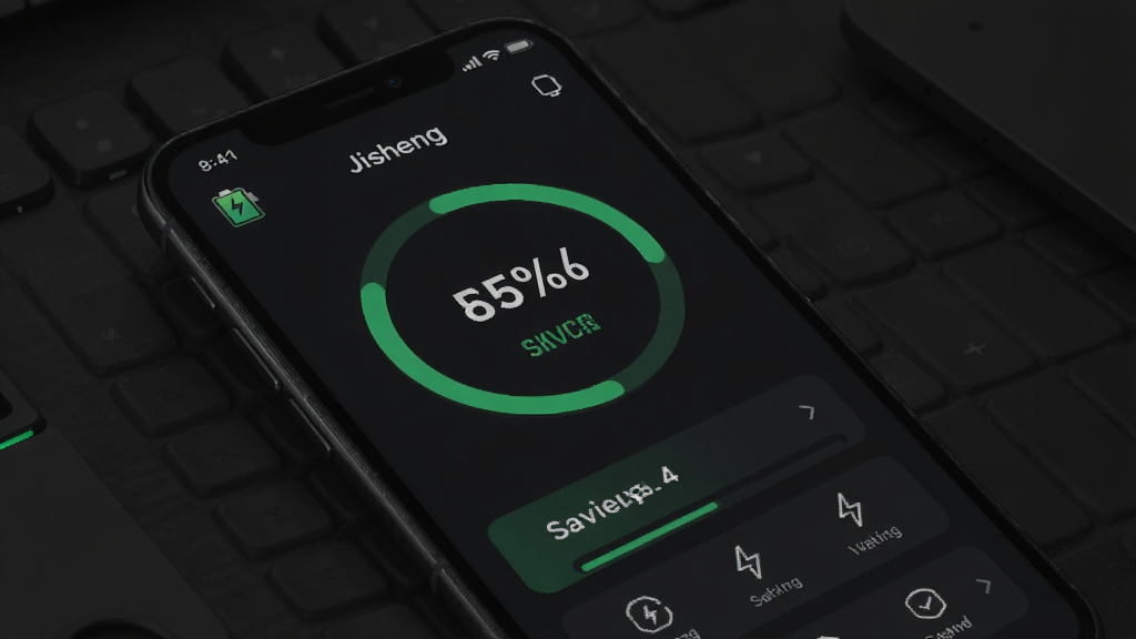 image of Jisheng Pro app main interface showing battery percentage and saving status, mobile app ui design style, clean layout, dark theme with green accents, high detail, crisp, no watermark