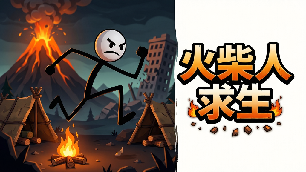 主体:火柴人角色在荒野求生场景中奔跑跳跃,远处有火山爆发和倒塌的建筑,近处有篝火和简易庇护所;布局:主体居中偏左,右侧留白放置游戏标题“火柴人求生”;排版:标题醒目,下方点缀火焰和碎片元素;风格:卡通渲染,色彩对比强烈,暗色背景衬托橙色火焰;细节:火柴人四肢细长,动作夸张,表情坚毅,环境细节丰富;画质:高清,干净,无多余元素。