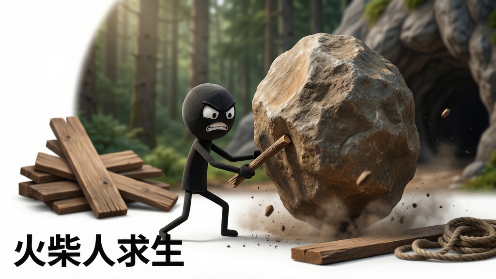 主体:火柴人角色用木棍撬动巨石,旁边散落着木板和绳索,背景是森林和山洞;布局:主体居中,动作瞬间抓拍,周围留白;排版:左下角添加“火柴人求生”字样;风格:写实卡通结合,光影柔和;细节:木材纹理、尘土飞扬、火柴人面部紧张表情清晰可见;画质:高分辨率,干净,无多余元素。